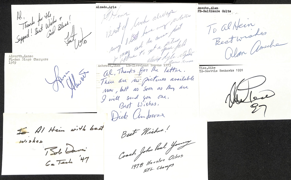 Lot of (150+) Signed Mostly Football Index Cards inc. Kurt Warner (early signature), Lyle Alzado, Alan Ameche, Lance Alworth, Dick Ambrose, + (JSA Auction Letter)