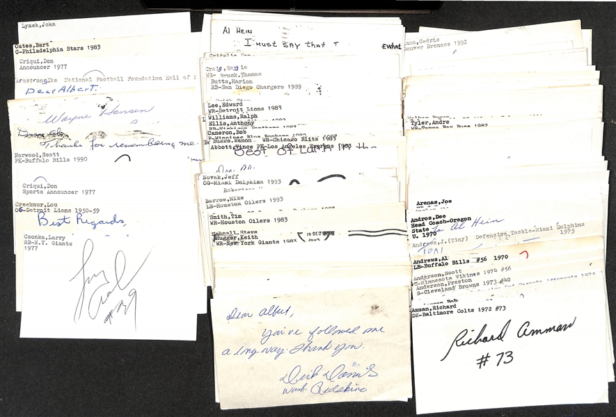 Lot of (100+) Signed Mostly Football Index Cards inc. Larry Csonka, Lou Creekmur, Don Criqui, Doug Williams, + (JSA Auction Letter)