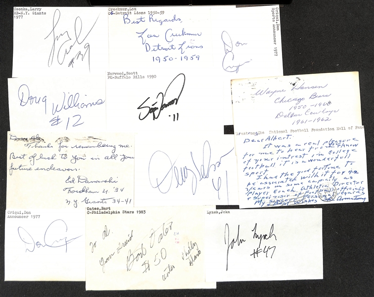 Lot of (100+) Signed Mostly Football Index Cards inc. Larry Csonka, Lou Creekmur, Don Criqui, Doug Williams, + (JSA Auction Letter)