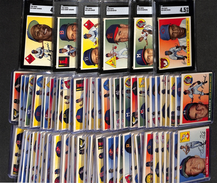 (90+) 1955 Topps Baseball Card Lot w. Banks (SGC 4.5), Mathews (SGC 5.5), Boyer (SGC 5), Zimmer (SGC 5), Agganis (SGC 4.5), and Amoros (SGC 4.5) 