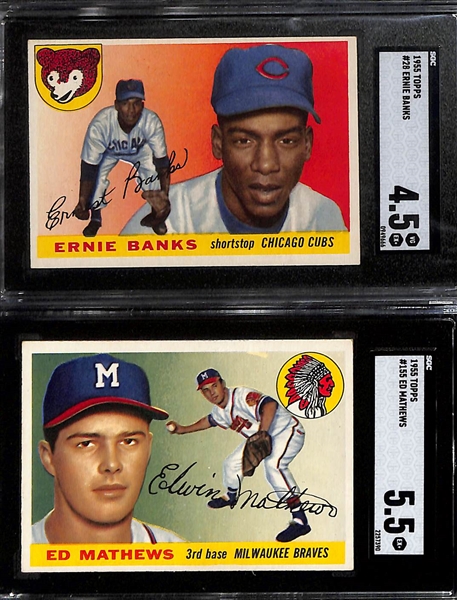 (90+) 1955 Topps Baseball Card Lot w. Banks (SGC 4.5), Mathews (SGC 5.5), Boyer (SGC 5), Zimmer (SGC 5), Agganis (SGC 4.5), and Amoros (SGC 4.5) 