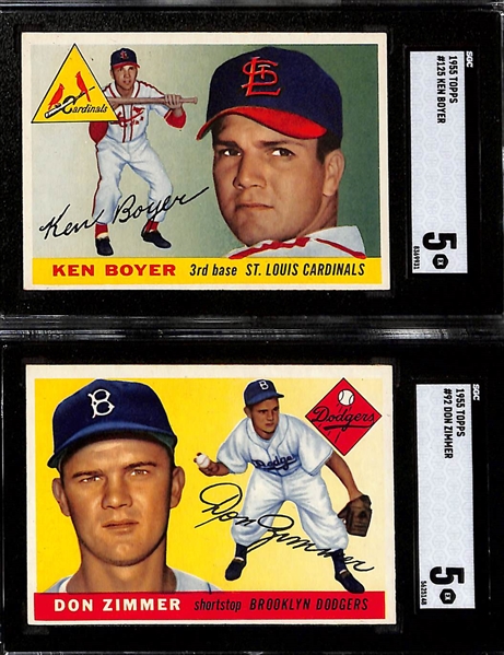 (90+) 1955 Topps Baseball Card Lot w. Banks (SGC 4.5), Mathews (SGC 5.5), Boyer (SGC 5), Zimmer (SGC 5), Agganis (SGC 4.5), and Amoros (SGC 4.5) 