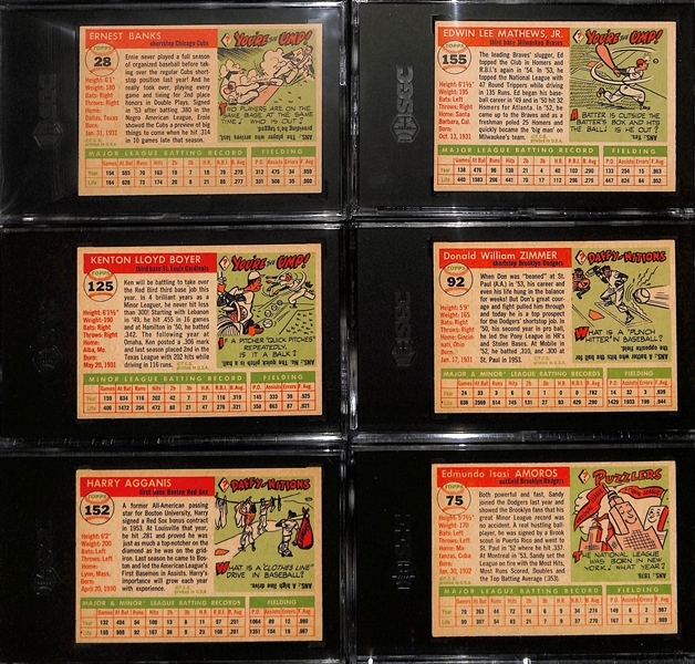 (90+) 1955 Topps Baseball Card Lot w. Banks (SGC 4.5), Mathews (SGC 5.5), Boyer (SGC 5), Zimmer (SGC 5), Agganis (SGC 4.5), and Amoros (SGC 4.5) 