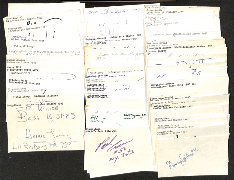 Lot of (100+) Signed Mostly Football Index Cards inc. Howie Long, Larry Little, Tony Siragusa, Fritz Crisler, + (JSA Auction Letter)