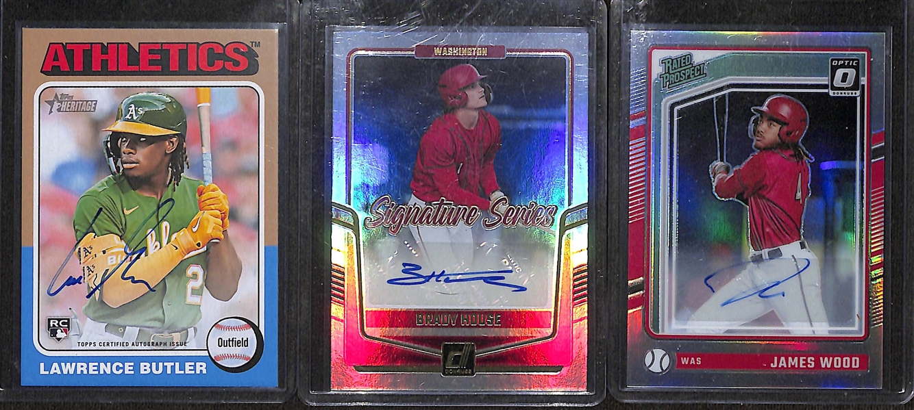 Lot of (26) Rookie Autograph Baseball Cards inc. 2024 Topps Heritage Lawrence Butler, 2024 Donruss Brady House, 2024 Optic James Wood Holo, +