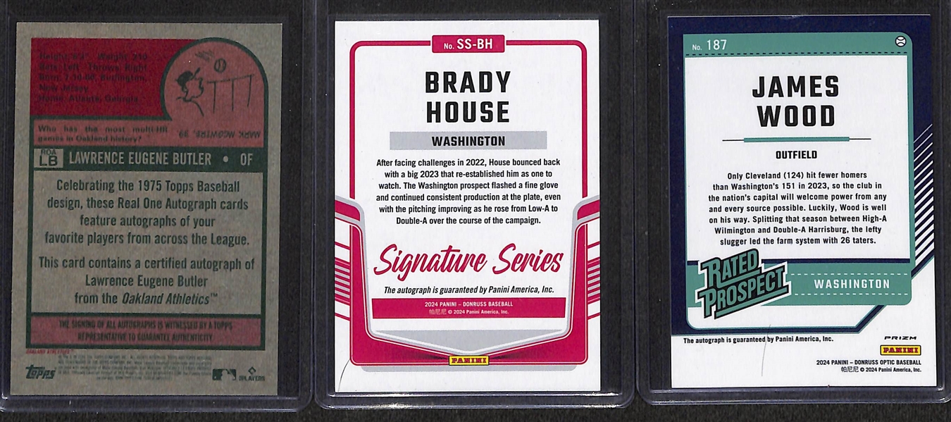 Lot of (26) Rookie Autograph Baseball Cards inc. 2024 Topps Heritage Lawrence Butler, 2024 Donruss Brady House, 2024 Optic James Wood Holo, +