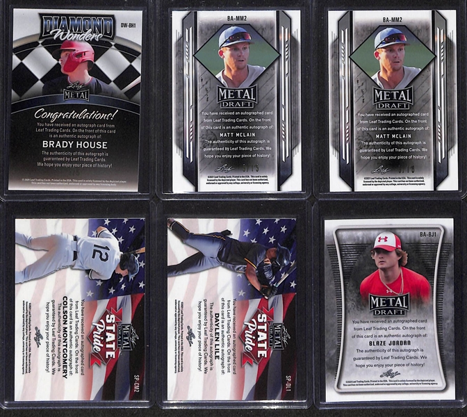 Lot of (20) Leaf Metal Rookie Autographs inc Brady House (#/5), Matt McLain (#/15), Matt McLain (#/10), Colson Montgomery, Daylen Lile, Blaze Jordan, + 