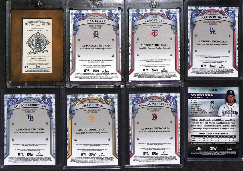 Lot of (18) Baseball Rookie Autograph Cards inc. Lawrence Butler, Max Clark (#/99), Brooks Lee (#/120), Dalton Rushing, Colton Ledbetter (#/10), +