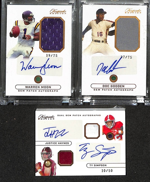 Lot of (9) 2024 Keepsake Edition Jersey Relic Cards inc. Warren Moon Autograph (#/75), Doc Gooden Autograph (#/75), Justice Haynes/Ty Simpson Dual Autograph (#/50), + (JSA Auction Letter)