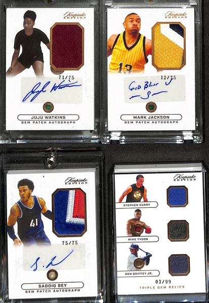 Lot of (4) 2024 Keepsake Edition Jersey Relic Cards- JuJu Watkins Autograph (#/75), Mark Jackson Autograph (#/75), Saddiq Bey Autograph (#/75), Stephen Curry/Mike Tyson/Ken Griffey Jr Triple...
