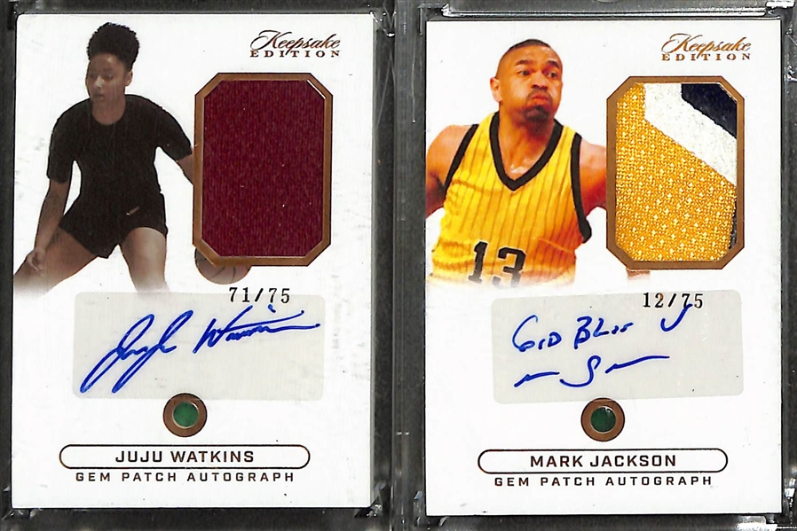 Lot of (4) 2024 Keepsake Edition Jersey Relic Cards- JuJu Watkins Autograph (#/75), Mark Jackson Autograph (#/75), Saddiq Bey Autograph (#/75), Stephen Curry/Mike Tyson/Ken Griffey Jr Triple...