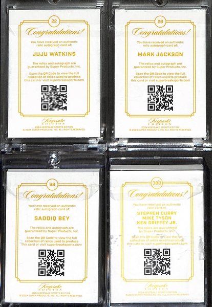 Lot of (4) 2024 Keepsake Edition Jersey Relic Cards- JuJu Watkins Autograph (#/75), Mark Jackson Autograph (#/75), Saddiq Bey Autograph (#/75), Stephen Curry/Mike Tyson/Ken Griffey Jr Triple...