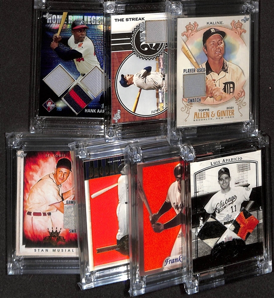 Lot of (7) Hall of Fame Baseball Jersey Fusions Relic Cards- Al Kaline, Joe DiMaggio, Hank Aaron (#/50), Luis Aparicio (#/10), Frank Robinson (#/25), Brooks Robinson (#/99), Stan Musial
