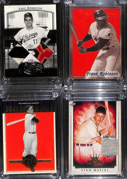 Lot of (7) Hall of Fame Baseball Jersey Fusions Relic Cards- Al Kaline, Joe DiMaggio, Hank Aaron (#/50), Luis Aparicio (#/10), Frank Robinson (#/25), Brooks Robinson (#/99), Stan Musial