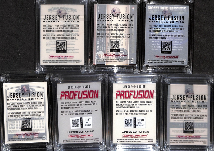 Lot of (7) Hall of Fame Baseball Jersey Fusions Relic Cards- Al Kaline, Joe DiMaggio, Hank Aaron (#/50), Luis Aparicio (#/10), Frank Robinson (#/25), Brooks Robinson (#/99), Stan Musial