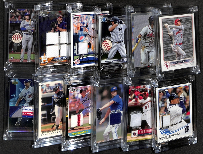 Lot of (12) Baseball Jersey Fusion Relic Cards inc. Shohei Ohtani (#/75), Ronald Acuna Jr (#/50), Jasson Dominguez, Alex Rodriguez (#/75), Justin Verlander (#/25), +