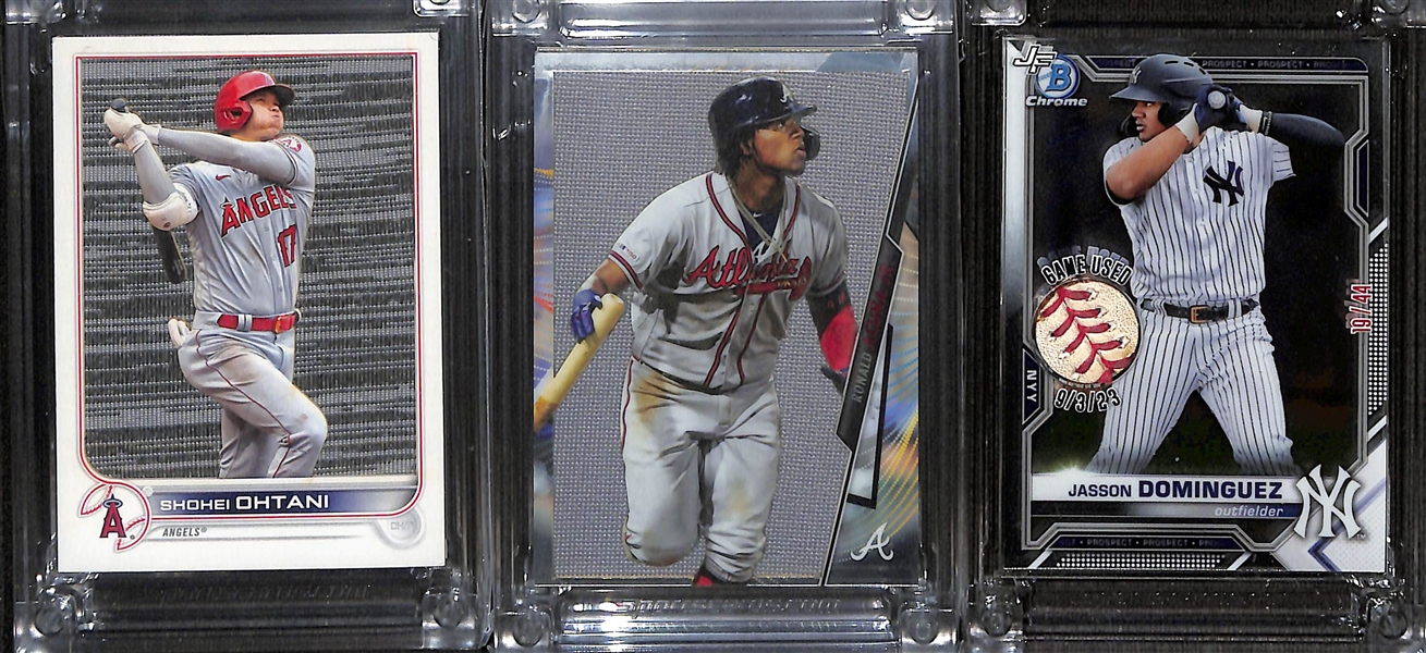 Lot of (12) Baseball Jersey Fusion Relic Cards inc. Shohei Ohtani (#/75), Ronald Acuna Jr (#/50), Jasson Dominguez, Alex Rodriguez (#/75), Justin Verlander (#/25), +