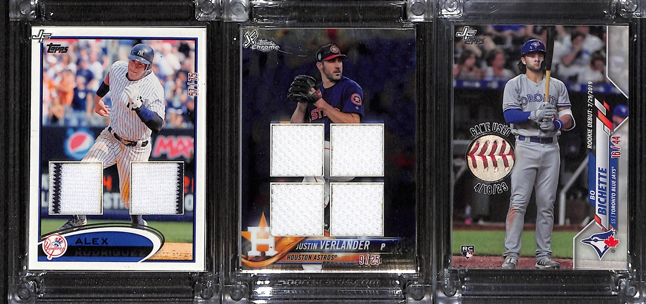 Lot of (12) Baseball Jersey Fusion Relic Cards inc. Shohei Ohtani (#/75), Ronald Acuna Jr (#/50), Jasson Dominguez, Alex Rodriguez (#/75), Justin Verlander (#/25), +