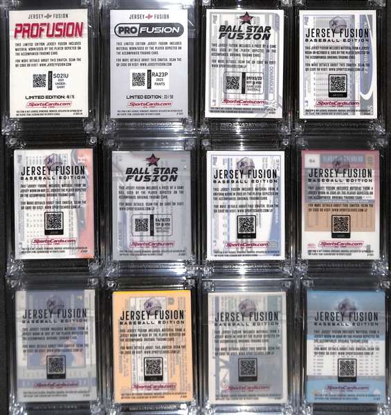 Lot of (12) Baseball Jersey Fusion Relic Cards inc. Shohei Ohtani (#/75), Ronald Acuna Jr (#/50), Jasson Dominguez, Alex Rodriguez (#/75), Justin Verlander (#/25), +