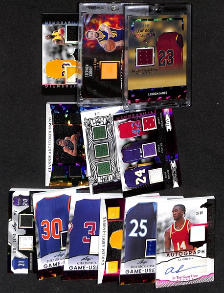 Lot of (12) 2024 Leaf In The Game Used Basketball Jersey Cards inc. LeBron James (#/45), Stephen Curry (#/5), Kareem Abdul-Jabbar/Shaquille O'Neal (#/2), +