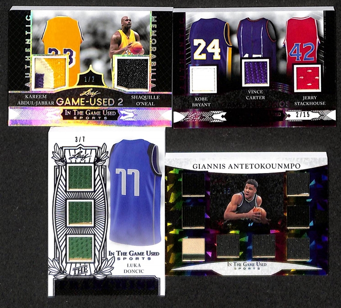 Lot of (12) 2024 Leaf In The Game Used Basketball Jersey Cards inc. LeBron James (#/45), Stephen Curry (#/5), Kareem Abdul-Jabbar/Shaquille O'Neal (#/2), +