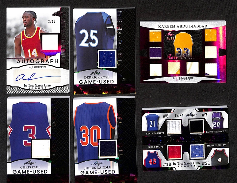 Lot of (12) 2024 Leaf In The Game Used Basketball Jersey Cards inc. LeBron James (#/45), Stephen Curry (#/5), Kareem Abdul-Jabbar/Shaquille O'Neal (#/2), +