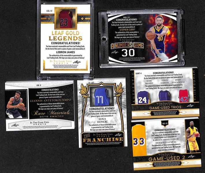 Lot of (12) 2024 Leaf In The Game Used Basketball Jersey Cards inc. LeBron James (#/45), Stephen Curry (#/5), Kareem Abdul-Jabbar/Shaquille O'Neal (#/2), +