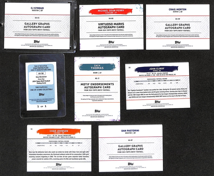 Lot of (8) 2024 Topps Motif Cards inc. CJ Stroud Rookie Autograph (#/99), Zach Thomas Autograph (#/5), Tony Mandarich Autograph (#/1), +