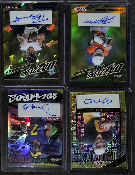 Lot of (14) 2024 Leaf Vivid Football Cards inc. Joe Montana Autograph (#/10), Donovan Edwards Rookie Autograph (#/10), Jonathon Brooks Rookie Autograph (#/4), +