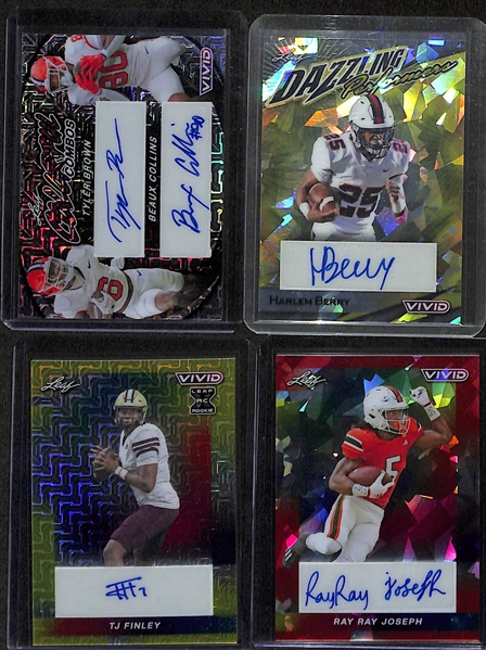 Lot of (14) 2024 Leaf Vivid Football Cards inc. Joe Montana Autograph (#/10), Donovan Edwards Rookie Autograph (#/10), Jonathon Brooks Rookie Autograph (#/4), +