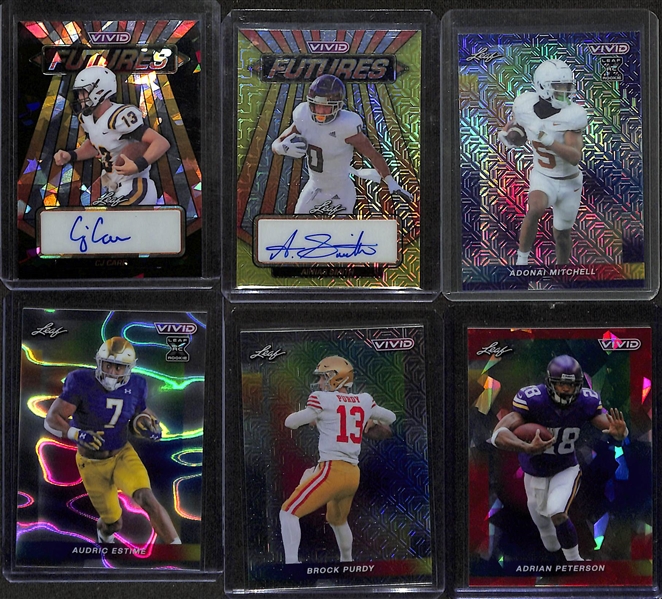 Lot of (14) 2024 Leaf Vivid Football Cards inc. Joe Montana Autograph (#/10), Donovan Edwards Rookie Autograph (#/10), Jonathon Brooks Rookie Autograph (#/4), +