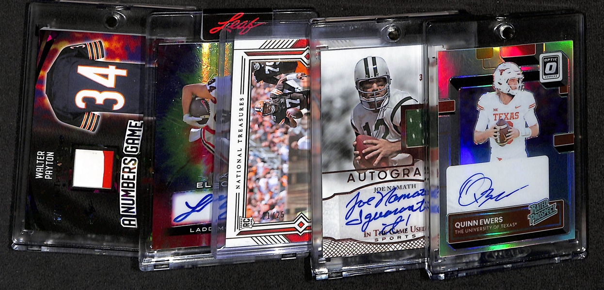 Lot of (5) Football Cards inc. 2023 Chronicles Draft Picks Optic Quinn Ewers Rookie Autograph, 2024 Leaf In The Game Used Joe Namath Autograph Patch (#/5), +