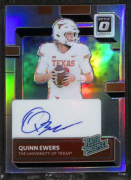 Lot of (5) Football Cards inc. 2023 Chronicles Draft Picks Optic Quinn Ewers Rookie Autograph, 2024 Leaf In The Game Used Joe Namath Autograph Patch (#/5), +