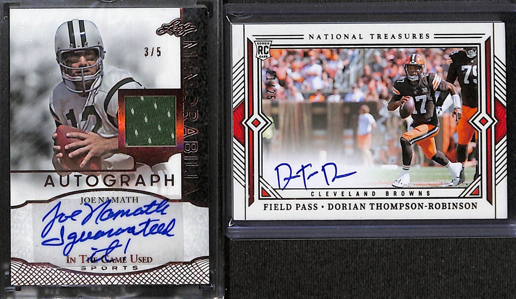 Lot of (5) Football Cards inc. 2023 Chronicles Draft Picks Optic Quinn Ewers Rookie Autograph, 2024 Leaf In The Game Used Joe Namath Autograph Patch (#/5), +