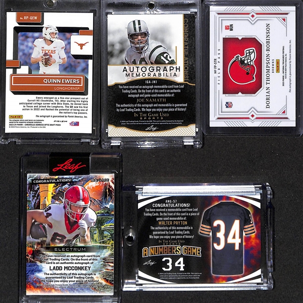 Lot of (5) Football Cards inc. 2023 Chronicles Draft Picks Optic Quinn Ewers Rookie Autograph, 2024 Leaf In The Game Used Joe Namath Autograph Patch (#/5), +