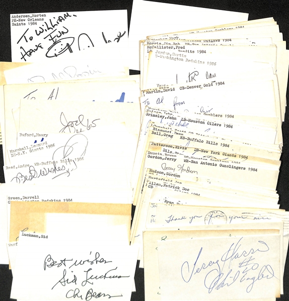 100+ Mostly Football Related Signed Index Cards w. Luckman, Warfield, Trippi, Andre Reed, Ed McGinty, Darrell Green, Leonard Marshall, Jim Harbaugh, Bobby Rozier (sentenced for murder) - JSA...