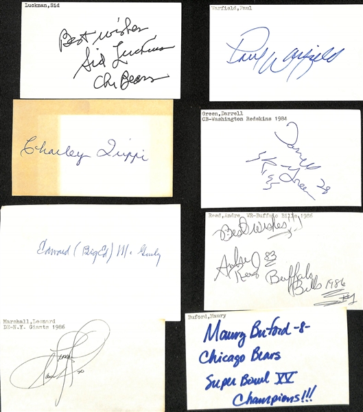 100+ Mostly Football Related Signed Index Cards w. Luckman, Warfield, Trippi, Andre Reed, Ed McGinty, Darrell Green, Leonard Marshall, Jim Harbaugh, Bobby Rozier (sentenced for murder) - JSA...