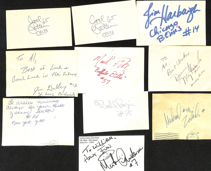 100+ Mostly Football Related Signed Index Cards w. Luckman, Warfield, Trippi, Andre Reed, Ed McGinty, Darrell Green, Leonard Marshall, Jim Harbaugh, Bobby Rozier (sentenced for murder) - JSA...