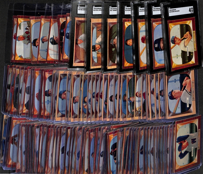 (110+) 1955 Bowman Baseball Card Lot w. Mathews (SGC 4), E. Howard (SGC 6), Ashburn (SGC 5), Feller (SGC 5), Minoso (SGC 5), Rizzuto (SGC 5.5), N. Fox (SGC 4.5), +