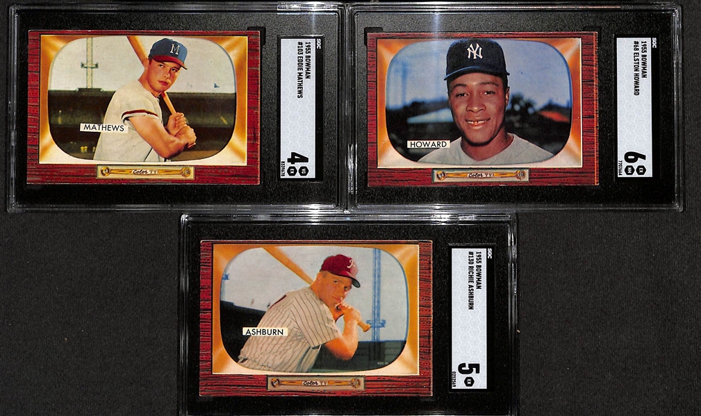(110+) 1955 Bowman Baseball Card Lot w. Mathews (SGC 4), E. Howard (SGC 6), Ashburn (SGC 5), Feller (SGC 5), Minoso (SGC 5), Rizzuto (SGC 5.5), N. Fox (SGC 4.5), +