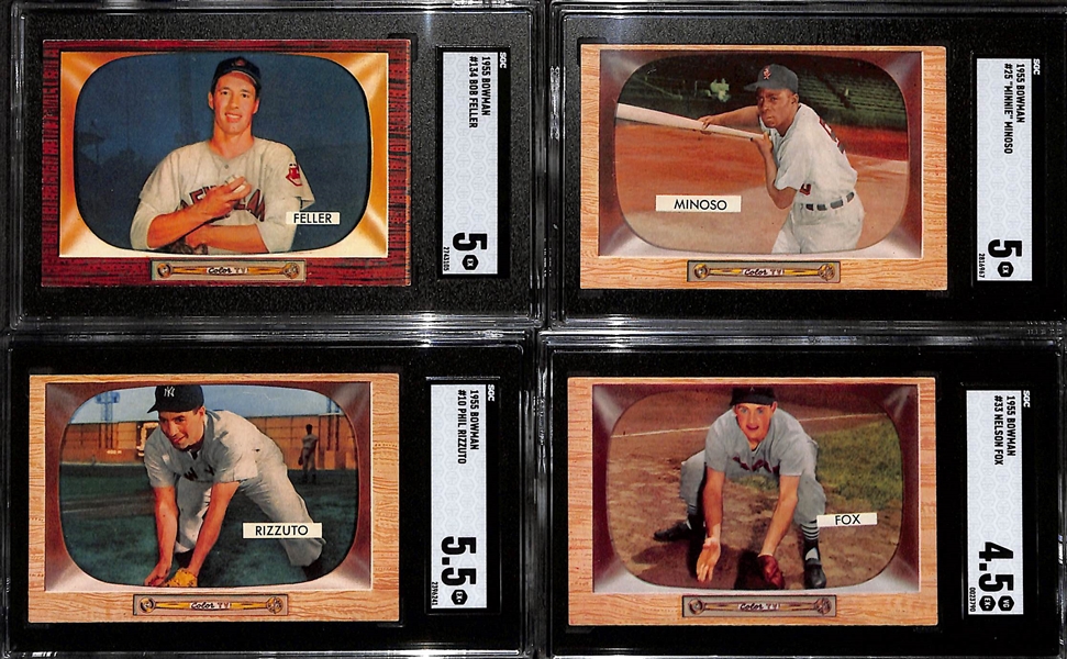(110+) 1955 Bowman Baseball Card Lot w. Mathews (SGC 4), E. Howard (SGC 6), Ashburn (SGC 5), Feller (SGC 5), Minoso (SGC 5), Rizzuto (SGC 5.5), N. Fox (SGC 4.5), +