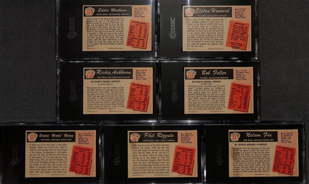 (110+) 1955 Bowman Baseball Card Lot w. Mathews (SGC 4), E. Howard (SGC 6), Ashburn (SGC 5), Feller (SGC 5), Minoso (SGC 5), Rizzuto (SGC 5.5), N. Fox (SGC 4.5), +