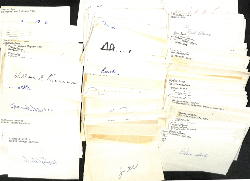 250+ Baseball Signed Index Cards e. Stargell, Drysdale, Masterson, Pesky, Selkirk (2), Parnell (2), Sewell, Joe Carter (rookie year), Tom Glavine (pre-rookie year), + (JSA Auction Letter)