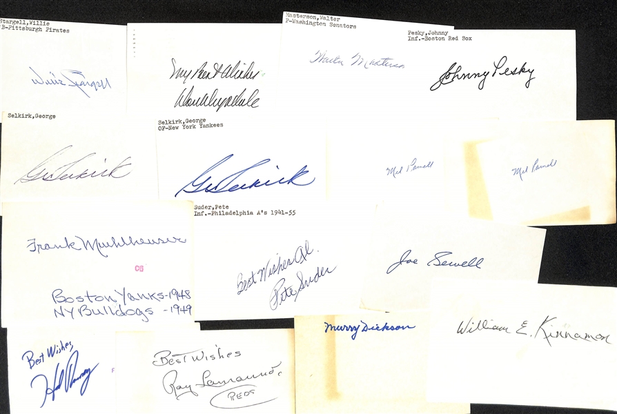 250+ Baseball Signed Index Cards e. Stargell, Drysdale, Masterson, Pesky, Selkirk (2), Parnell (2), Sewell, Joe Carter (rookie year), Tom Glavine (pre-rookie year), + (JSA Auction Letter)