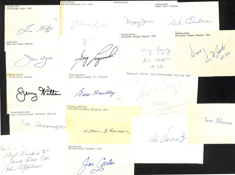 250+ Baseball Signed Index Cards e. Stargell, Drysdale, Masterson, Pesky, Selkirk (2), Parnell (2), Sewell, Joe Carter (rookie year), Tom Glavine (pre-rookie year), + (JSA Auction Letter)