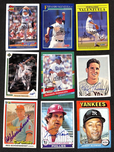 300+ Signed Baseball Cards w. (5) Fernando Valenzuela, Bobby Thomson, Red Schoendienst, Tim McCarver, Sandy Alomar, Tommy John, Carlos Delgado, Jason Giambi, Del Crandell, Sam Chapman,  (2) Shawon...