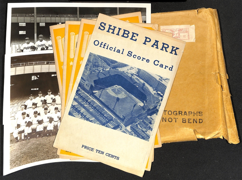 Original 1949 NY Yankees & Brooklyn Dodgers Team Photos (In Envelope Postmarked 1950) & (4) Circa 1950 Philadelphia A's Score Cards (Scored)