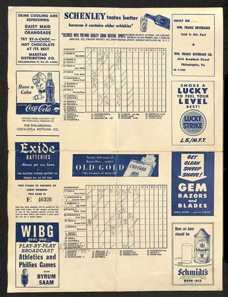 Original 1949 NY Yankees & Brooklyn Dodgers Team Photos (In Envelope Postmarked 1950) & (4) Circa 1950 Philadelphia A's Score Cards (Scored)