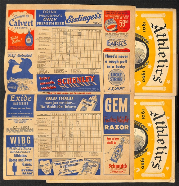 Original 1949 NY Yankees & Brooklyn Dodgers Team Photos (In Envelope Postmarked 1950) & (4) Circa 1950 Philadelphia A's Score Cards (Scored)