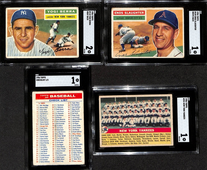 (4) SGC Graded 1956 Topps Cards (Yogi Berra SGC 2, Enos Slaughter SGC 1, Checklist #1/3 SGC 1, Yankees Checklist #251 SGC 1 - Paper Loss on Back)